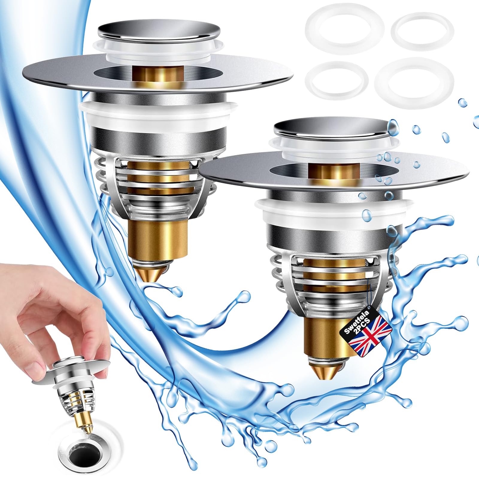 Swetfela2 Pcs Sink Plug Replacement for Bathroom, Universal Pop Up Sink Plug, Stainless Steel Bath Plug UK, 32-42mm Pop Up Bath Plug, Hair Catcher Sink Plug for Bathroom Basin