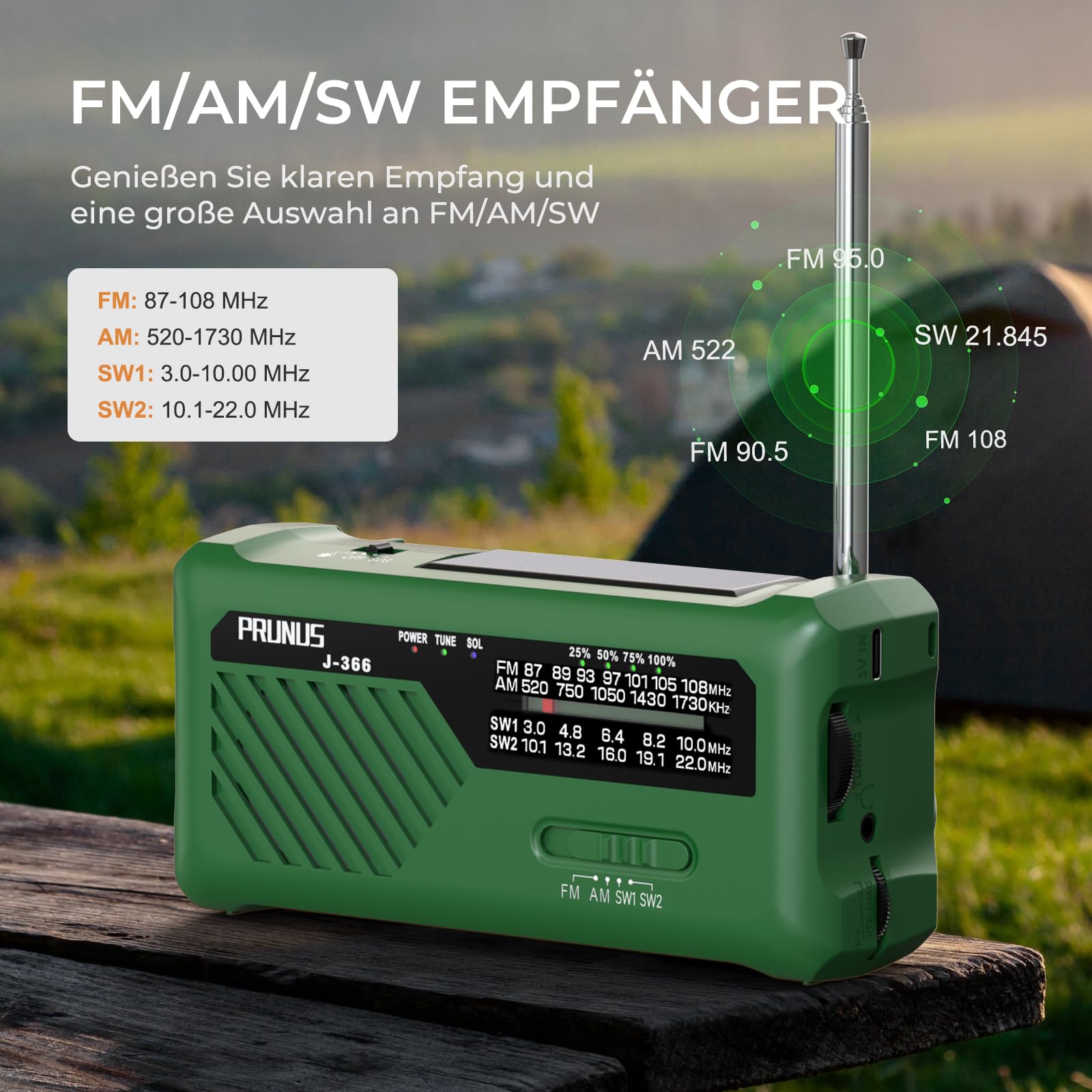 PRUNUS J-366 FM/AM/SW Kurbelradio Notfall Weltempfänger, Radio Batteriebetrieben oder 2000mAh Akku, 3-in-1 Ladekabel, Notfallradio mit Taschenlampe/SOS Alarm/Handyladefunktion für Ourdoor, Blackout.