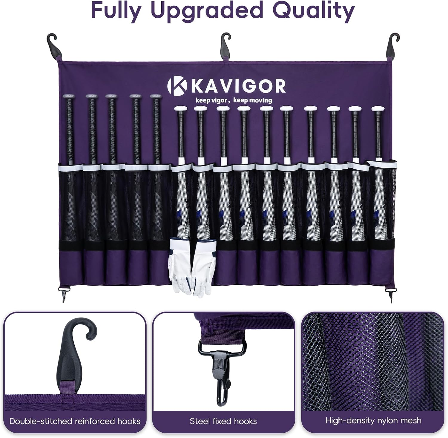 KAVIGOR 15-Bat Baseball/Softball Dugout Organizer - 900D Military-Grade Fabric & Reinforced Hooks, Holds Bats/Gloves on Fence