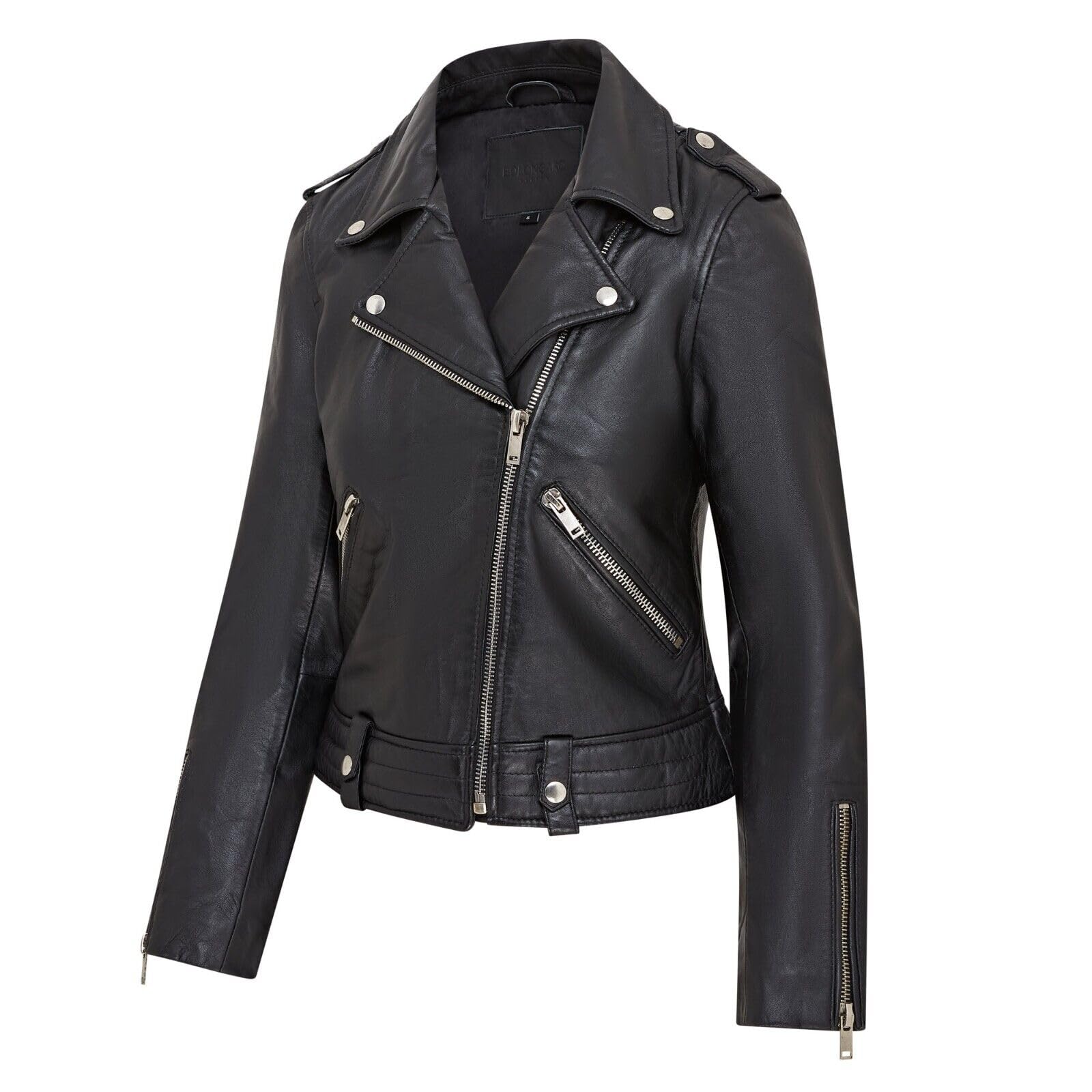 Infinity Leather Chaqueta de Cuero Estilo Motero Brando Clásica Negra Para Mujer
