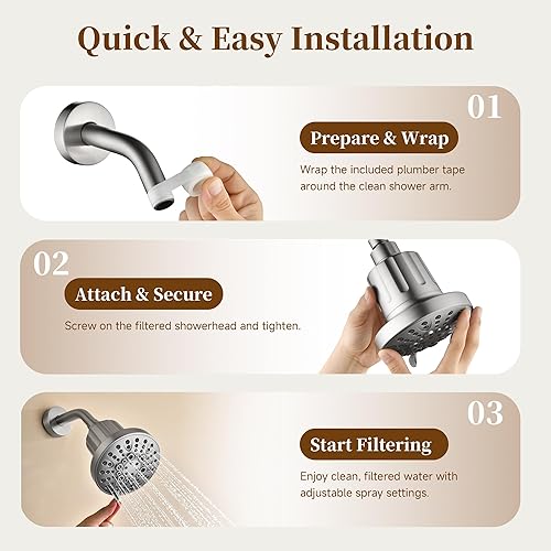 Miniatura 8 de BRIGHT SHOWERS Cabezal de ducha filtrado, filtro de ducha de alta presión para agua dura para eliminar el cloro y las impurezas, 8 modos de