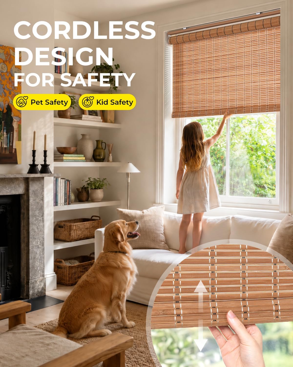 UNISHADES Cordless Bamboo Roller Shades, 34 1/4" W × 70" H - Brown206