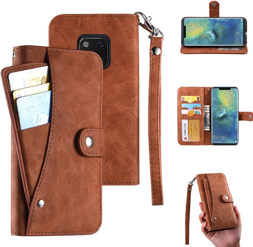 Huawei Mate 20 Pro Case, Huawei Mate 20 Pro Wallet Case, Flip Leather Case 6 Cards/Cash Pocket PU Cover Wrist Strap [Wallet Stand] Phone Case for Huawei Mate 20 Pro (Brown)