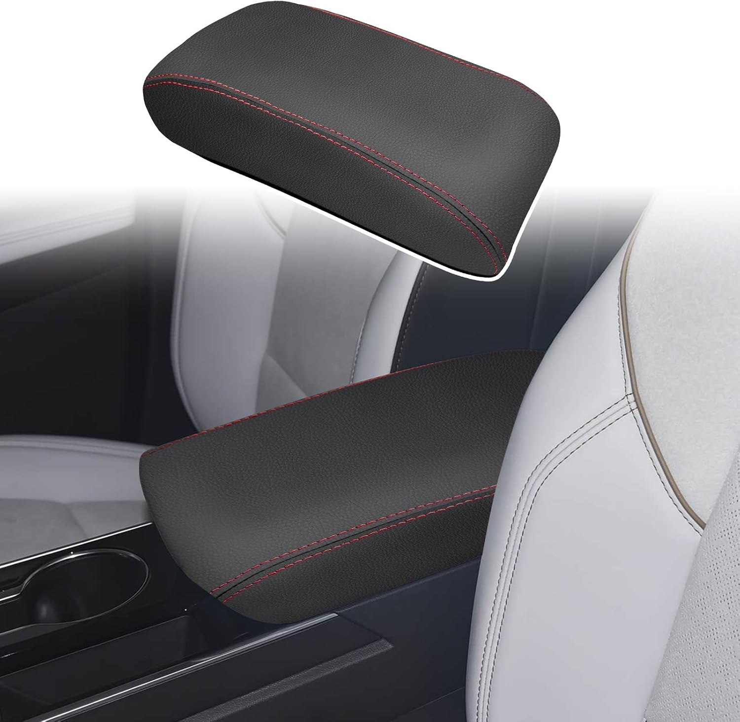 ramuel Compatible with Center Console Armrest Cover Pad PU Leather Arm Rest Covers Mat Middle Console Cover Lid Protector Pad for Chevrolet/Chevy Equinox LT/ACTIV/RS 2024 2025 (Red Line)