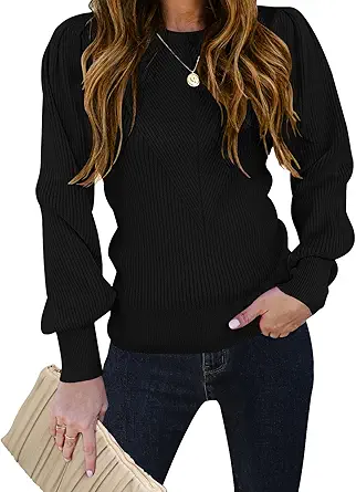 TECREW Women's Puff Sleeve Crew Neck Pullover Sweater Casual Cozy Knit Slim Jumper Tops