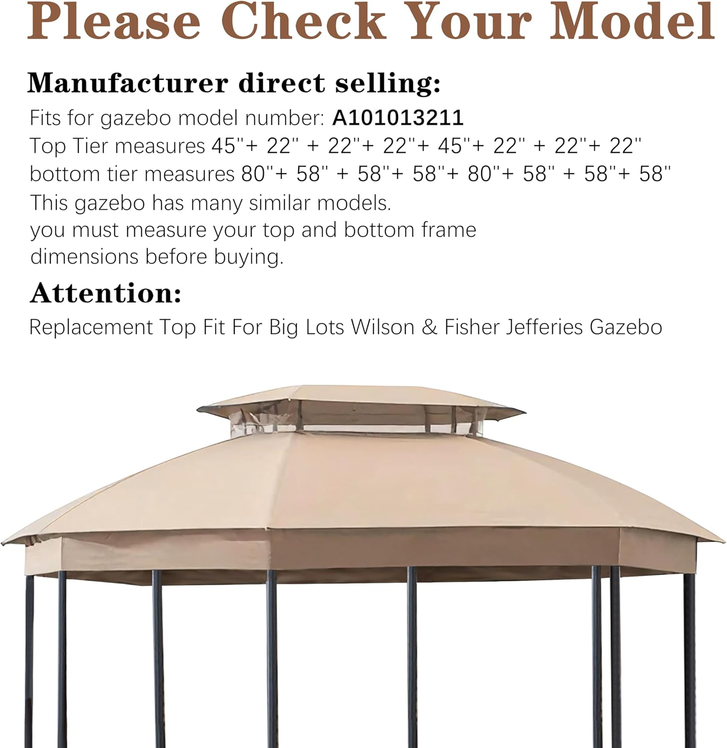 SCOCANOPY Light Beige Replacement Canopy Compatible with Big Lots Wilson & Fisher Jefferies Gazebo Model A101013211