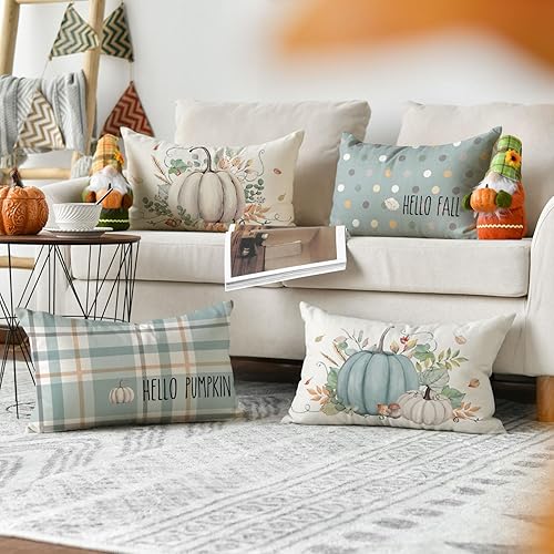 Miniatura 5 de AVOIN colorlife Juego de 4 fundas de almohada con texto en inglés Hello Fall Hello Pumpkin, 12 x 20 pulgadas, cosecha de Acción de Gracias, color