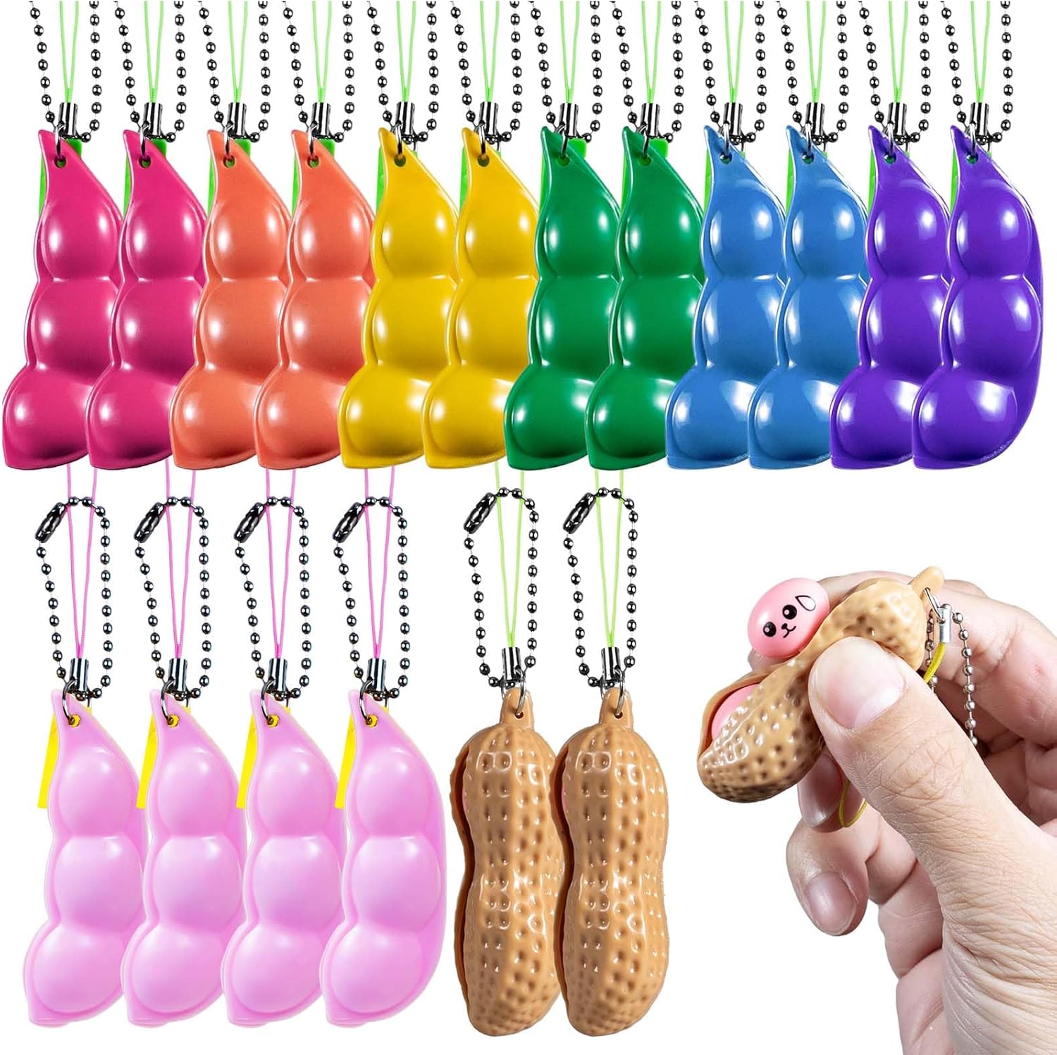 Pea Pod and Peanut Fidget Toy Keychains, 18-Piece, Assorted Colors, Stress Relief Sensory Fidget Toys for Kids and Adults, Party Favors and Goodie Bag Fillers