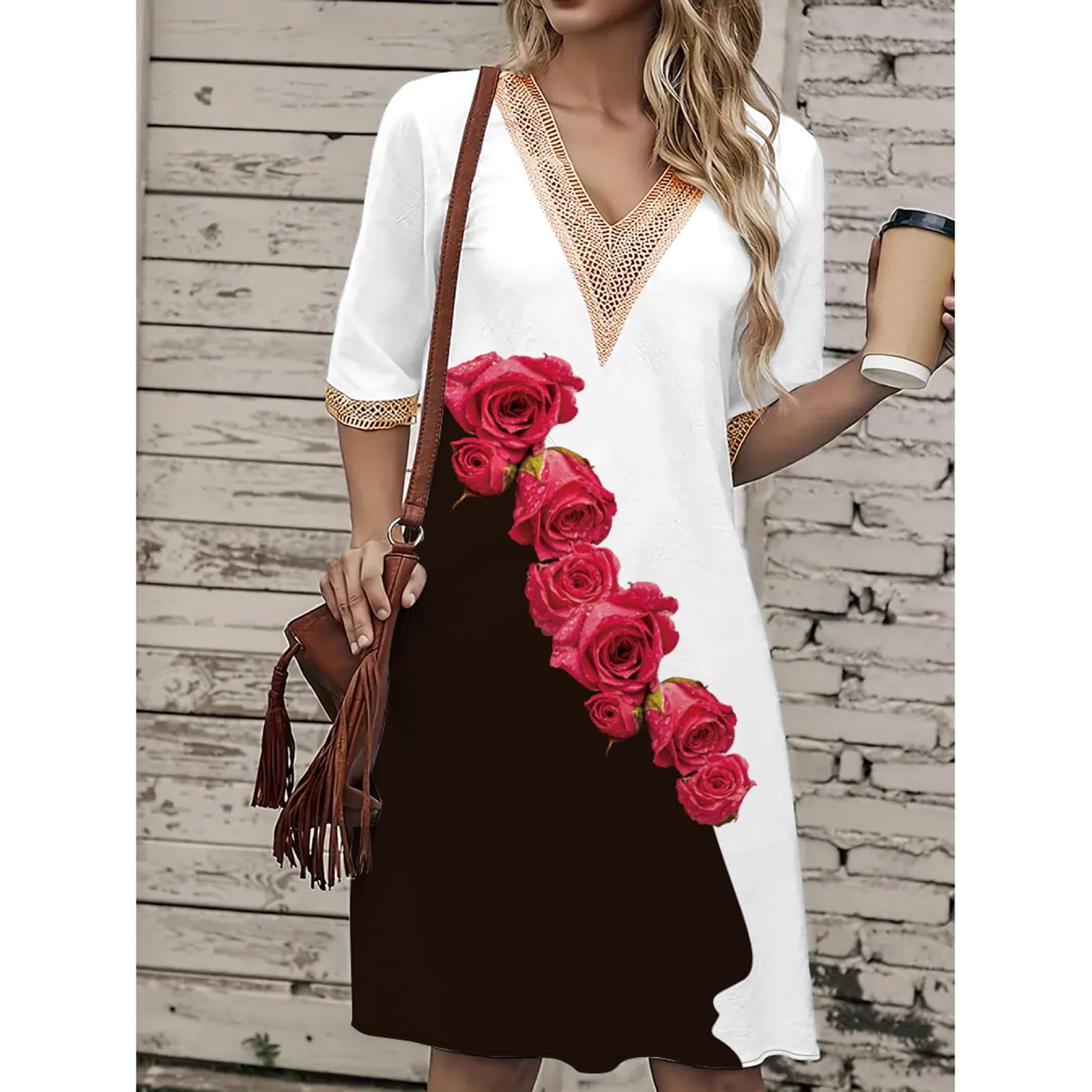 Robe à Manches Courtes à Col en V pour Femmes Décontractée Ample d’Été Longueur Genou Imprimé Bohè Robes en Dentelle Fluide Grande Taille Swing Midi Sun Jupe Fête Vacances Plage Floral Dress