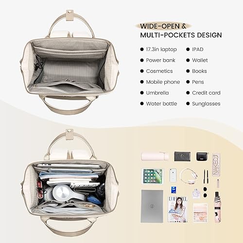 Miniatura 2 de LOVEVOOK Mochila para laptop para mujer, bolsa de trabajo para laptop con puerto USB, Beige rosado y caqui, Moda