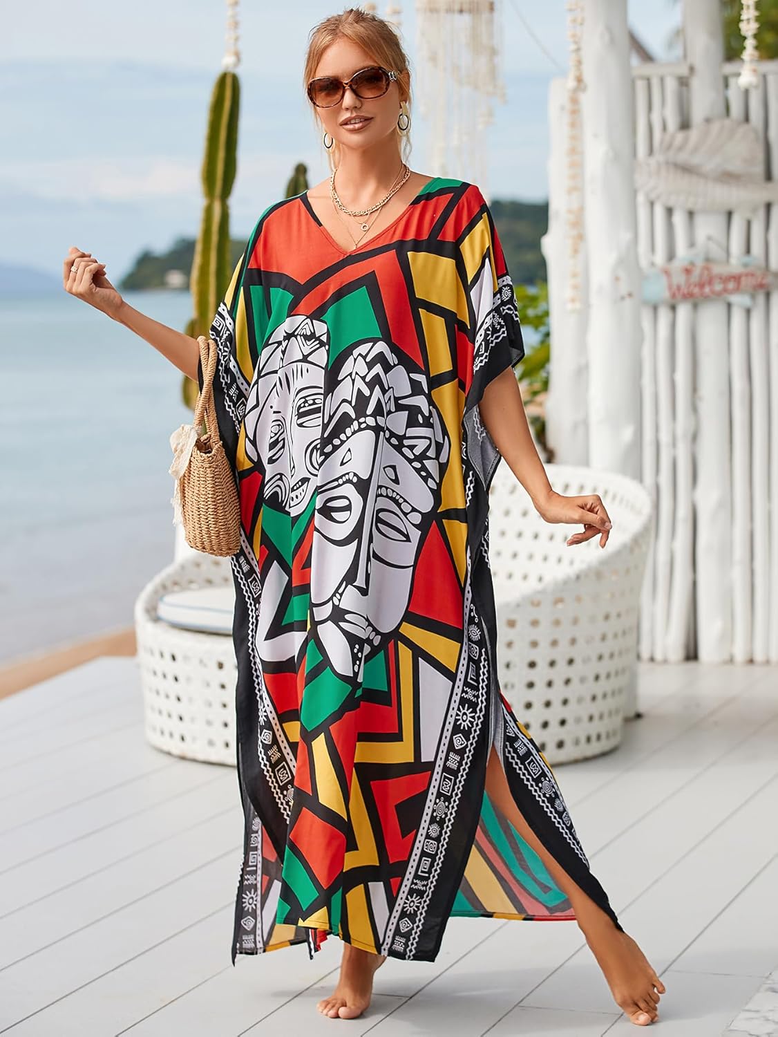 Kaftan Dresses for Women Plus Size Bathing Suit Cover up Vneck Batwing Dress Loose fit Moroccan Caftan mumu Dresses - Image 2