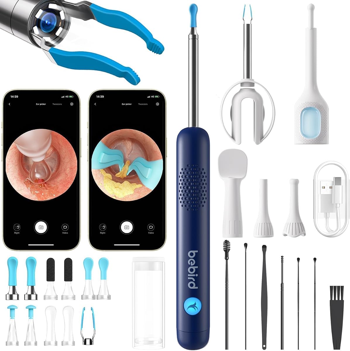 BEBIRD R1 Ultra Ear Wax Removal, Ear Cleaner with Camera Ear Scope, Wax Remove Ear Pick with Ear Otoscope Tweezers, Visual Dropper Cleaning Kit, Ear/Nose/Throat Examination Tool for Family, Blue