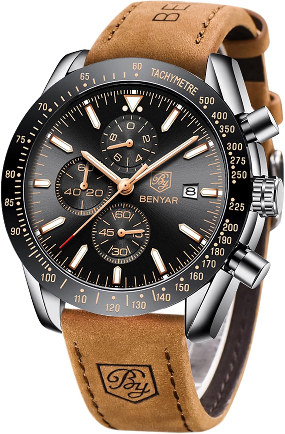 BY BENYAR Mens Watches Analog Waterproof Chronograph Men's Fashion Classic Elegant Wrist Watch with Leather Band Business Work Gifts for Men