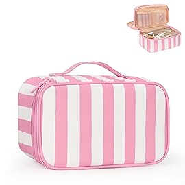 Relavel Travel Makeup Bag, Small Floral Cosmetic Bag with Makeup Brush Compartment, Portable Makeup Pouch for Women, Double Layer Makeup Organizer Bag Cute Toiletry Bag, Wide Strip