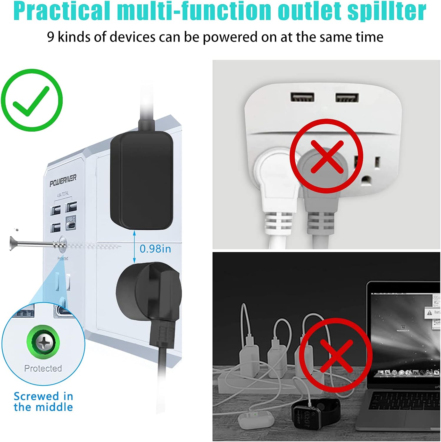 USB Wall Charger, POWERIVER Multi Outlet Extender Surge Protector with 4 USB Ports (1 USB C, 4.8A Total) 1680J Power Strip Multi Plug Wall Outlet Adapter Spaced for Home School Office ETL Listed