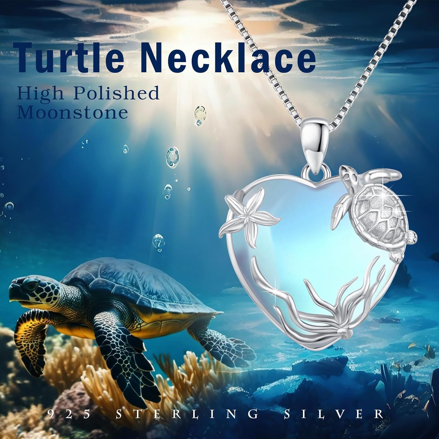 Sea Turtle Necklace for Women 925 Sterling Silver Heart of the Ocean Moonstone Pendant Necklace Turtle Moonstone Jewelry Gift for Wife Mom - Image 4