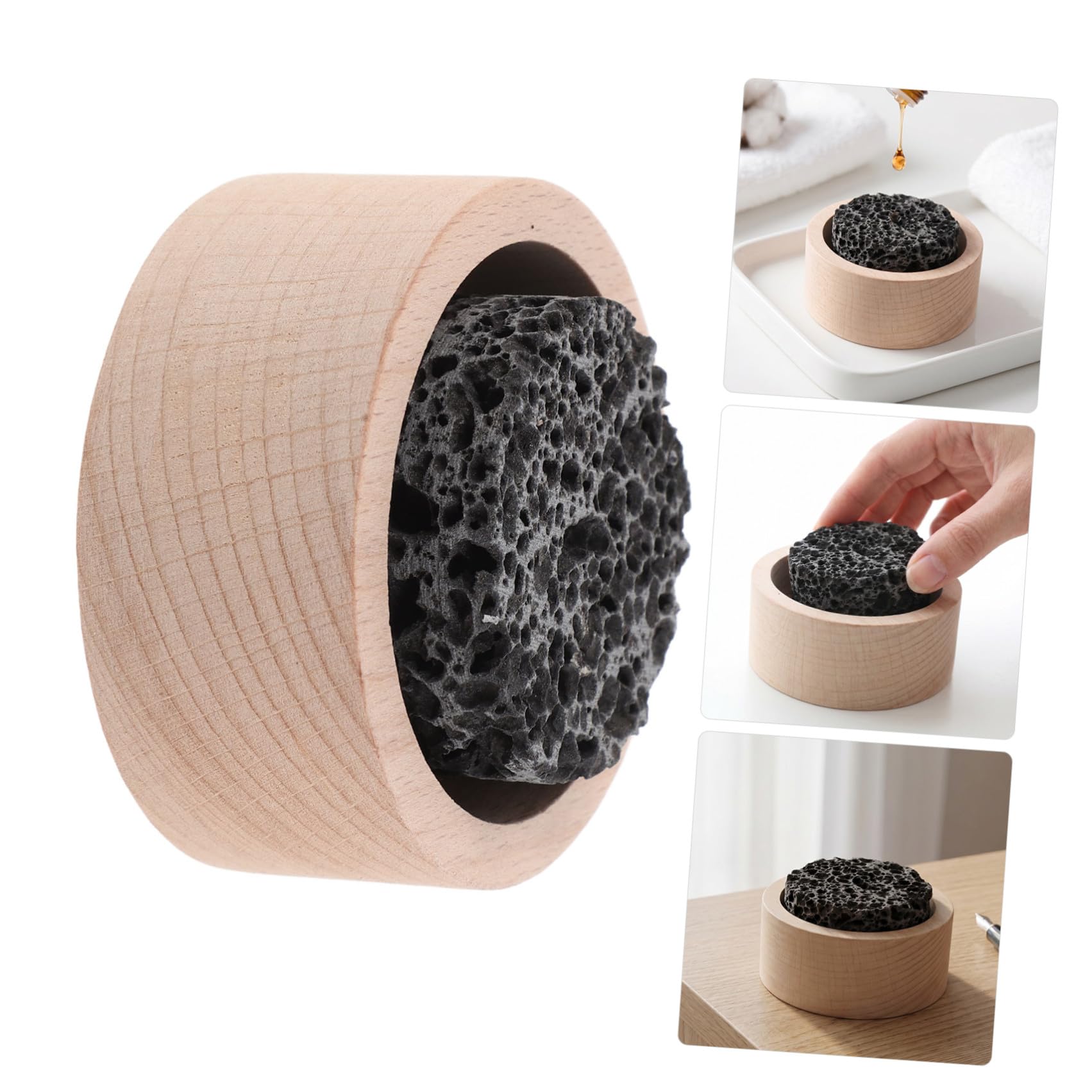 4 Stück Runde Aromatherapie Diffusor Steine aus Vulkanstein und Holz ohne Strom für Ätherische Öle im Büro und Badezimmer rutschfest und Dekorativ