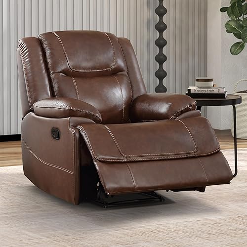 Genuine Leather Recliner Manual Chair for Living Room, 1 Seater Reclining Sofa Chair with Headrest and Armrest, Modern Durable Home Furniture for Small Space, Meeting Room, Vintage Brown