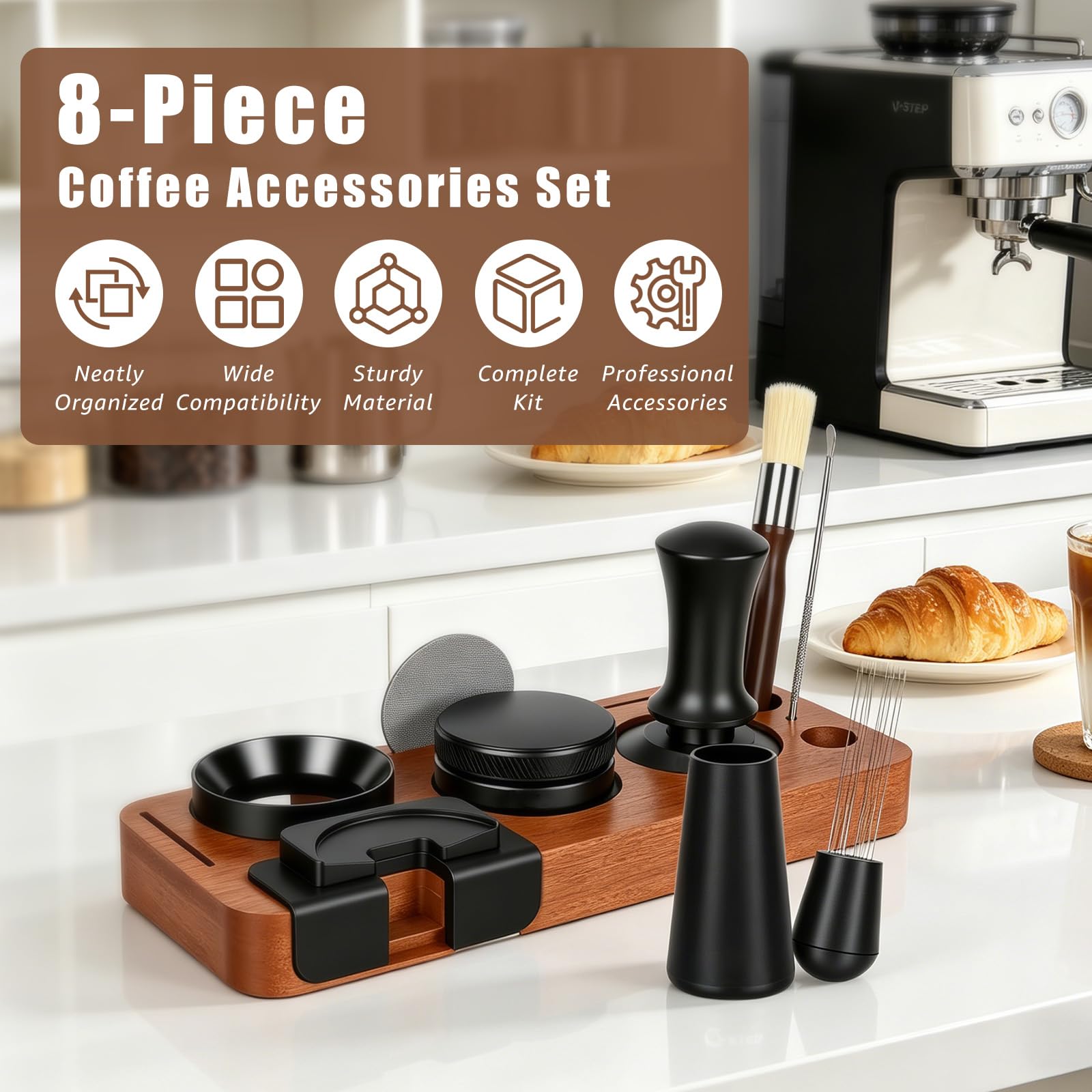 Set Accessori Espresso 8 Pezzi, Pressino 51 mm con Stazione Pressino, Livellatore, Strumento WDT, Anello Dosatore, Spazzola, Puck Screen, Frustino – per Macchine Espresso