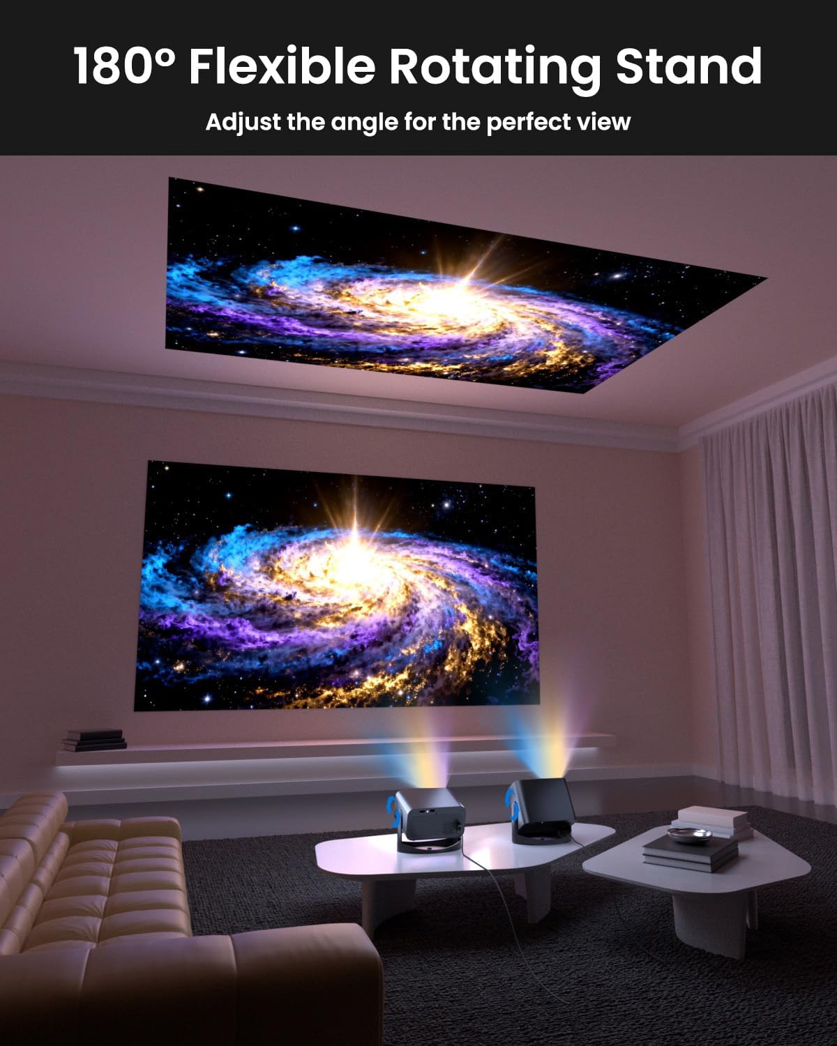 UCOCARE Mini Portable Projector V18 projecting onto a ceiling and a wall simultaneously, demonstrating its 180-degree rotating stand.