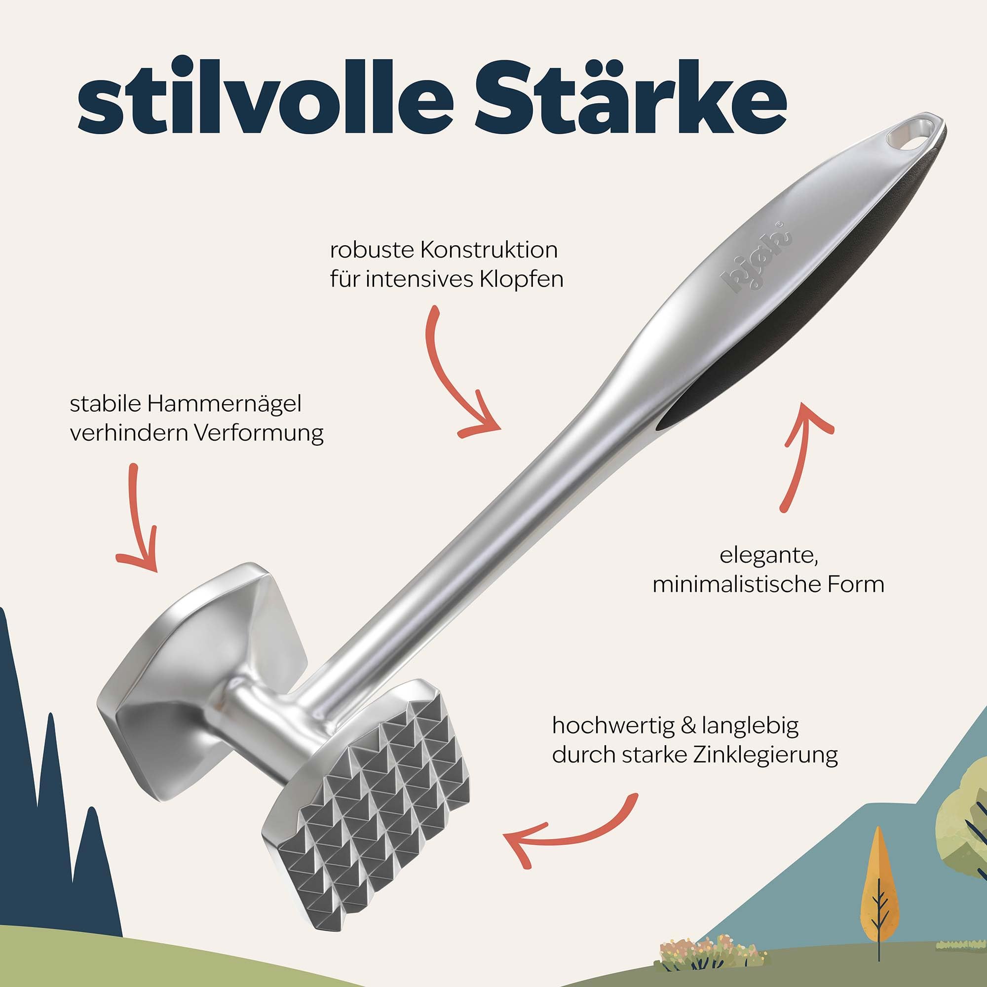 kjøk Premium Tłuczek do mięsa ze stopu cynku, matowy chrom - Młotek do mięsa lub mieszarki do sznyc, można myć w zmywarce - Pokonaj mięso kuchenne w pudełku prezentowym | Tłuczek do mięsa ze stopu cynku w jakości premium kjøk – solidny, trwały i łatwy w c