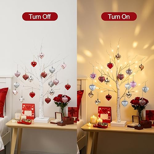 Miniatura 3 de Decoraciones para el día de San Valentín, árbol de abedul de 2 pies con 24 luces LED cálidas, juego de adornos de 18 corazones, decoración de árbol