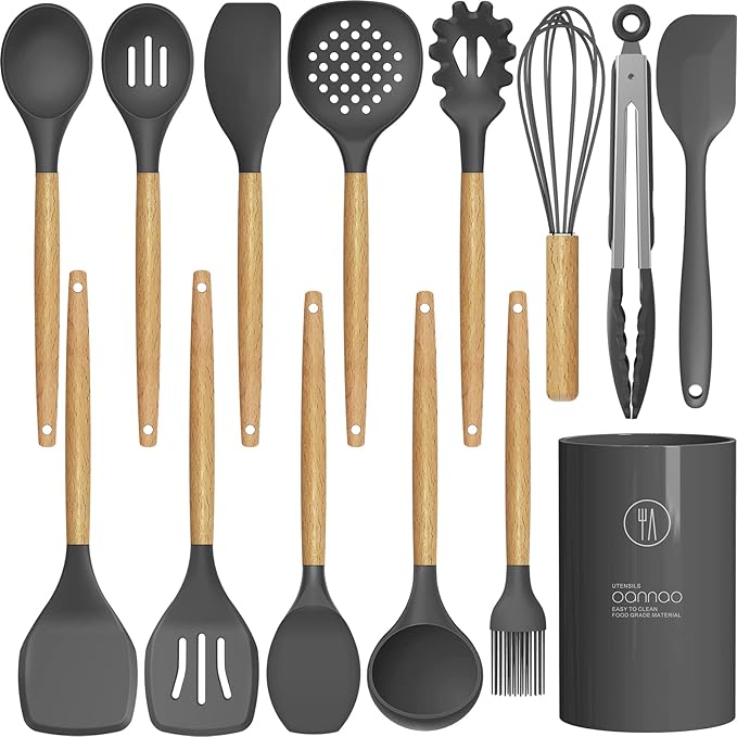 14 Pcs Silicone Cooking Utensils Kitchen Utensil Set - 446°F Heat Resistant,Turner Tongs, Spatula, Spoon, Brush, Whisk, Wooden Handle Gray Gadgets with Holder for Nonstick Cookware (BPA Free)
