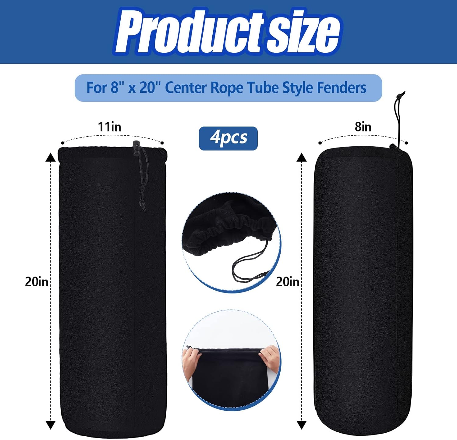 Woanger 4 Packs Boat Fender Cover 8" x 20" Fleece Marine Bumper Covers for Center Rope Tube Style Fenders (Boat Fender Not Included)