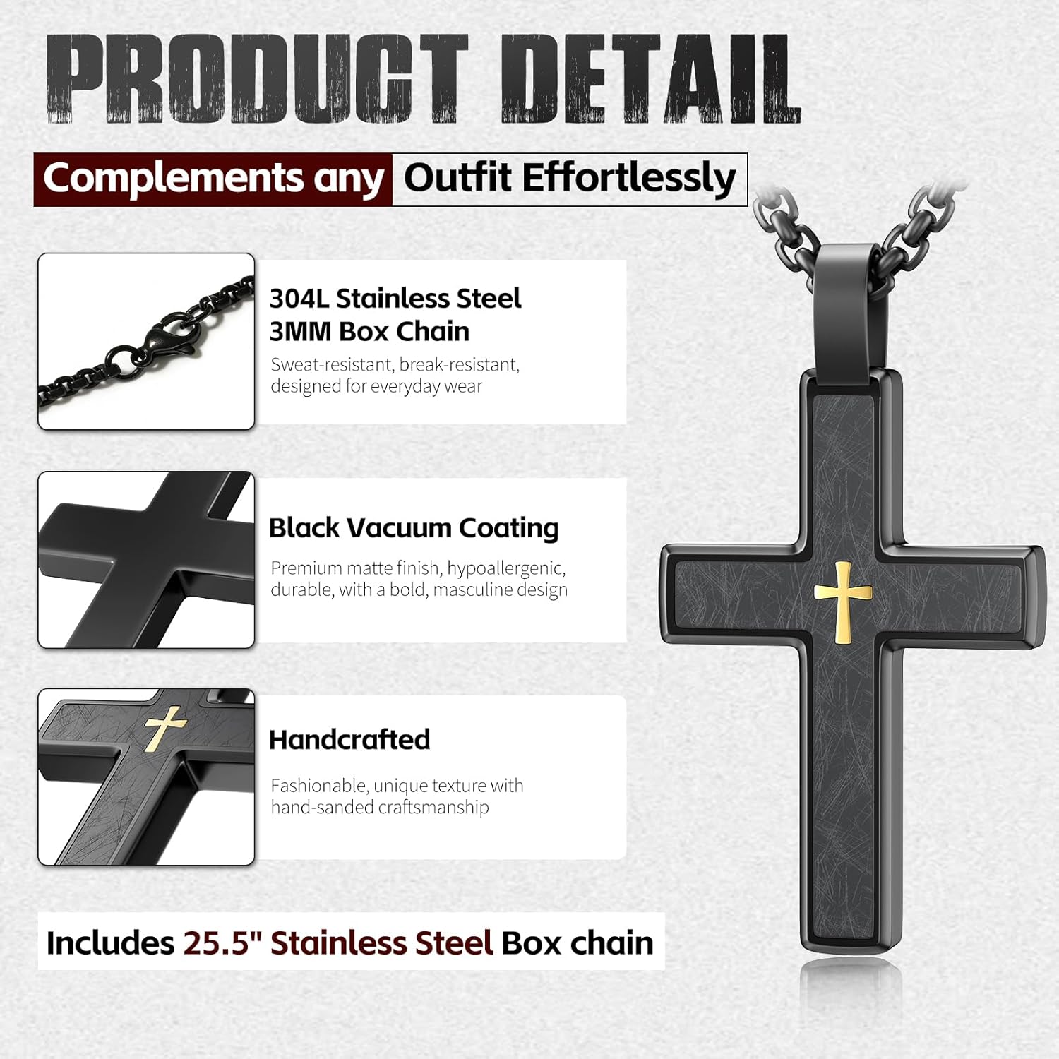 Cross Necklace for Men and Women 304L Stainless Steel Durable Snag-Free Box Chain Christian Jewelry Gift for Dad/Wife/Husband/Son/Loves/Friends on Easter/Birthday/Father's Day - Image 2