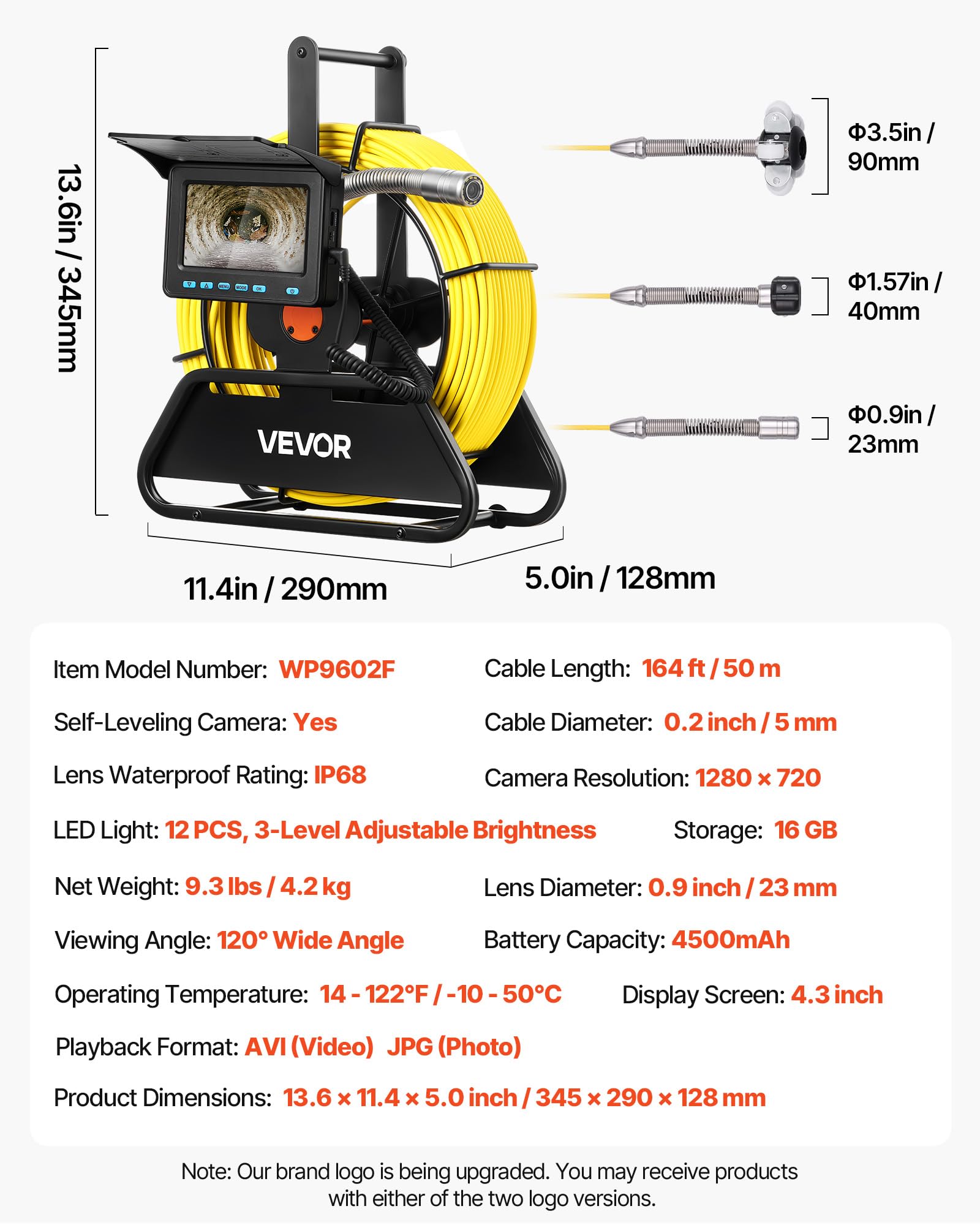 VEVOR Caméra Inspection Canalisation 50 m Caméra Endoscopique Autonivelante Écran HD 11 cm Endoscope Canalisation pour Conduits Égouts Plomberie, Étanche IP68 12 LED Batterie 4500 mAh Carte SD 16 Go