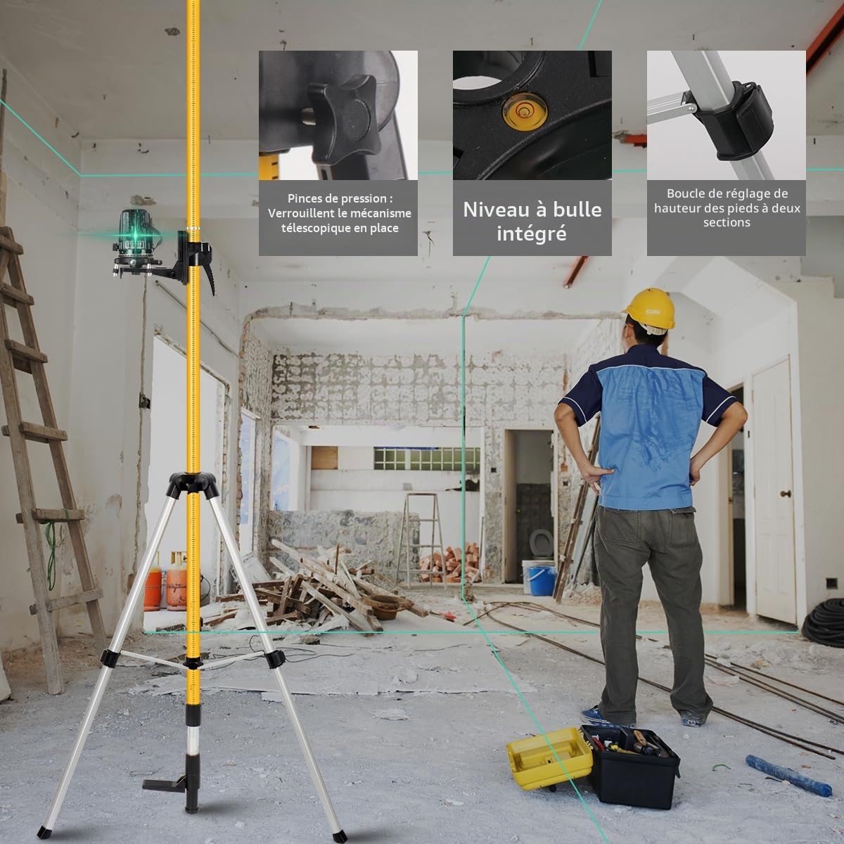 Pôle de Niveau Laser, Perche Télescopique de 4,8M avec Trépied, Support de Niveau Laser pour Lasers Rotatifs et Lasers Linéaires, Filetage de 1/4"-20 et Adaptateur 5/8"-11 Inclus