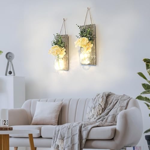 Miniatura 4 de Besuerte Juego de 2 decoración de pared moderna de granja, arte de pared rústico para sala de estar con luces LED de hadas y flores de rosas