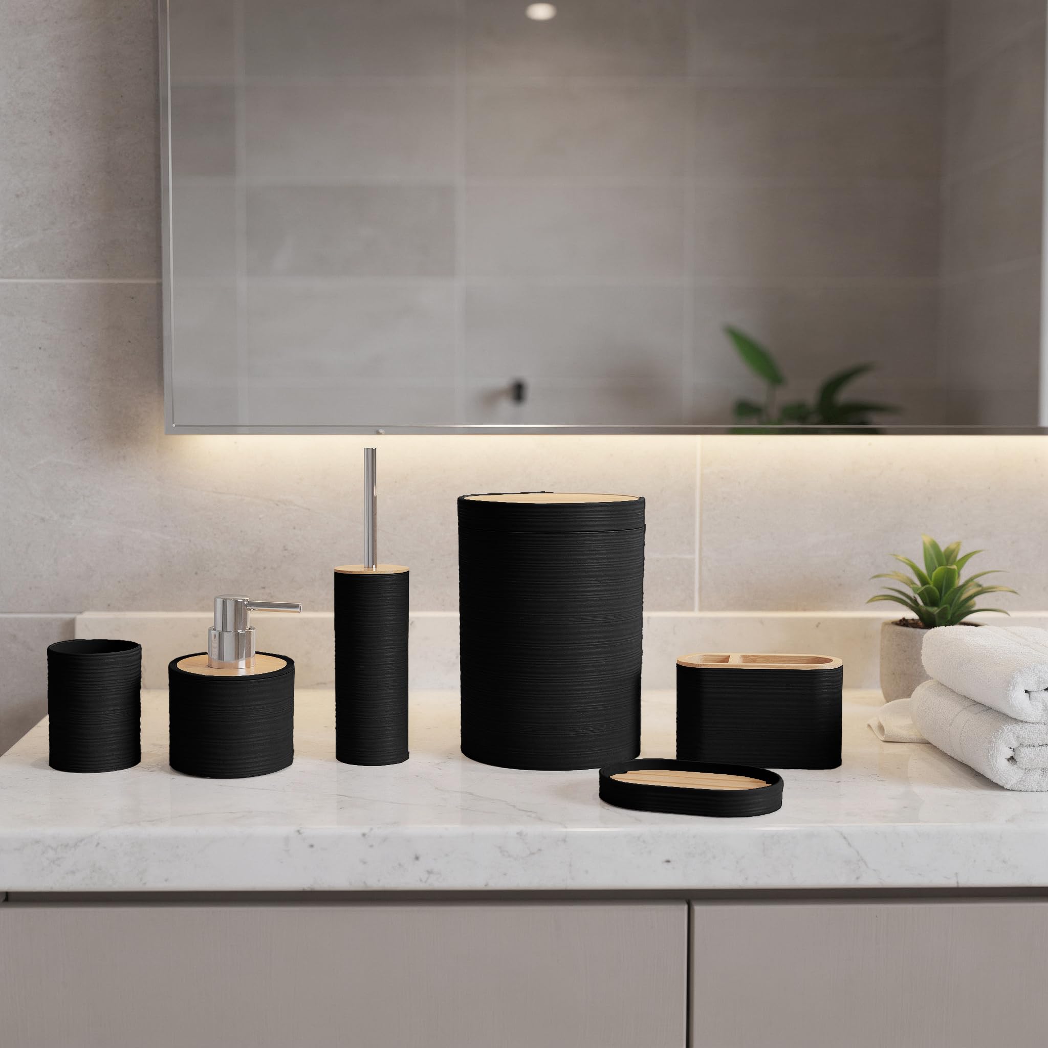 GC GAVENO CAVAILIA Bathroom Accessories Sets Complete - 15PC Rubbish Bin Lid Toilet Brush Holder Soap Lotion Dispenser Pump Container Toothbrush Tumbler Cup Dish Plate Base, Bathroom Decor, Black