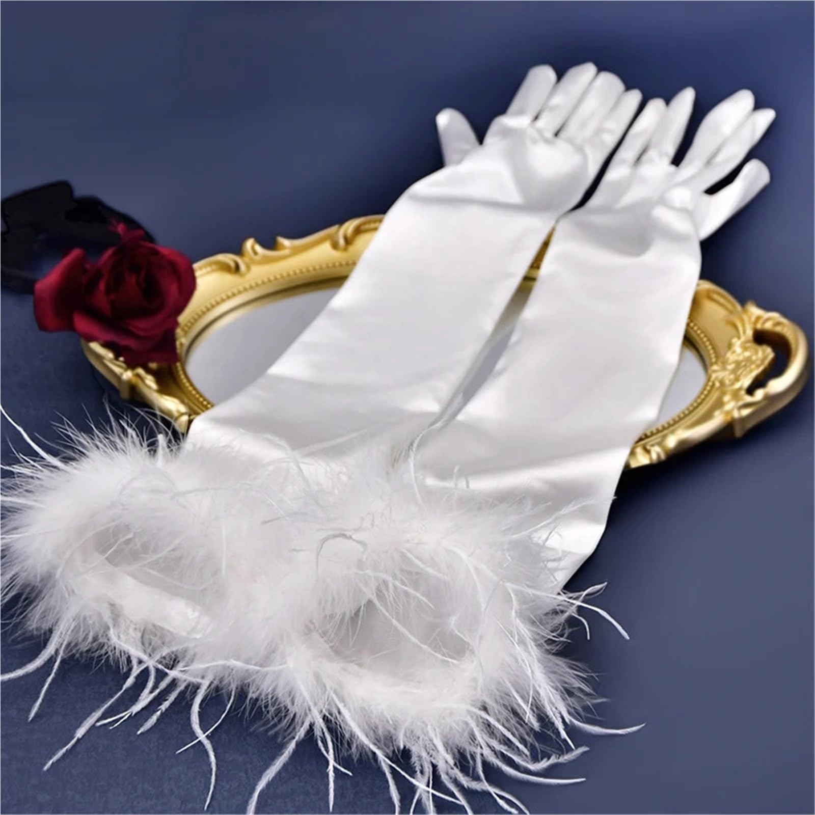 2 Paia Guanti in Raso Piuma Peluche Lunghi Elastici for Feste da Ballo Donne Halloween Diserbo for Trucco Teatrale Opera Per Feste E Balli