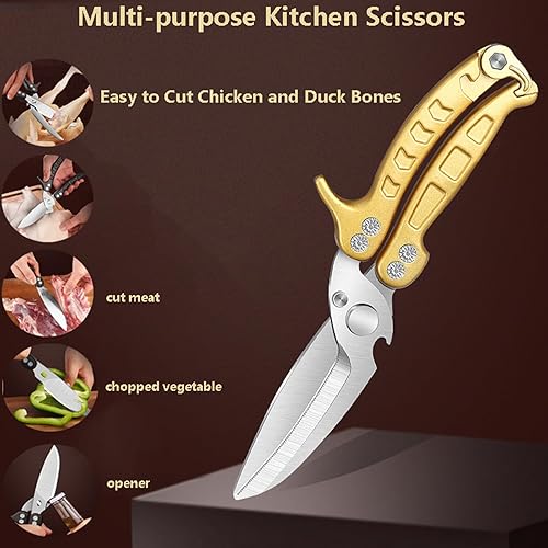 Miniatura 3 de Tijeras de cocinatijeras multiusos, súper afiladas, para aves de corral, pescado, carne, verduras, un buen compañero en la cocina (dorado)