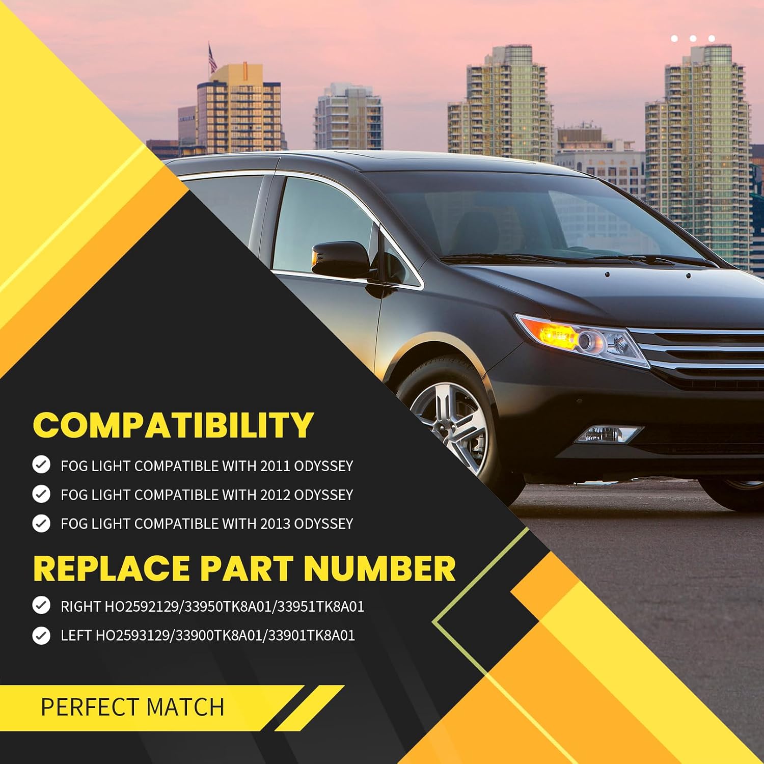Left and Right Fog Light Compatible with 2011 2012 2013 Odyssey Passenger and Driver Side Lamp with Bulbs Wiring Harnesses Switch Kit Replace HO2592129 HO2593129
