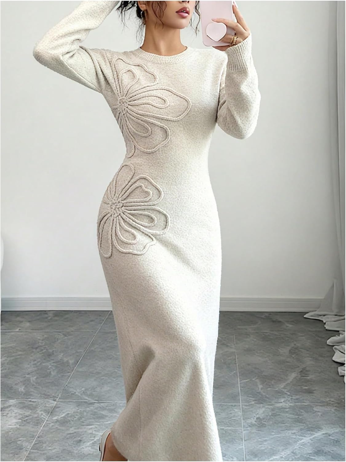 Women's 3D Floral Appliques Knit Sweater Dress Crewneck Long Sleeve Flared Long Dresses - Image 2
