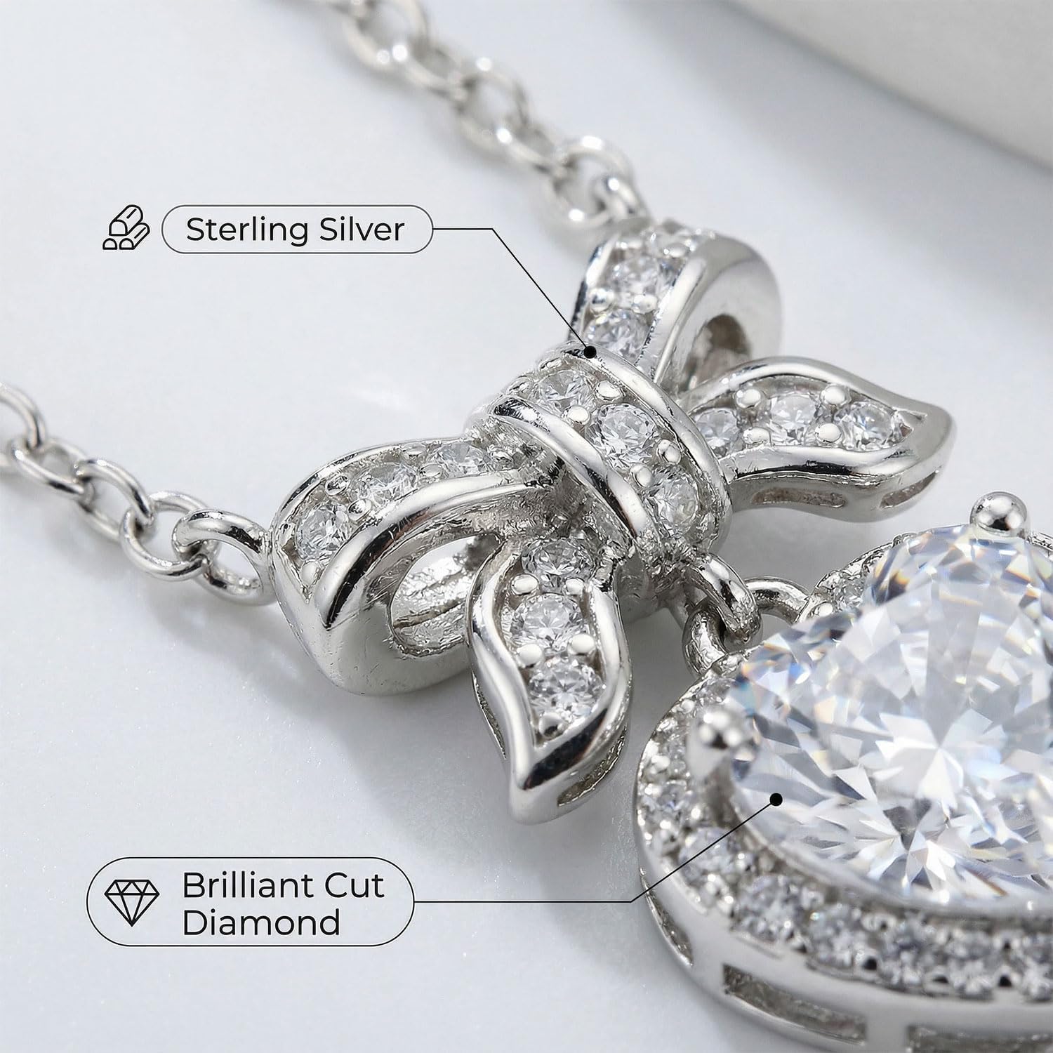 925 Sterling Silver Heart Necklace for Women, Sparkling Bowknot Pendant with 5A Cubic Zirconia, Hypoallergenic Dainty Jewelry, Romantic Valentine's Day Wedding Gift for Her, Wife, Adjustable Chain