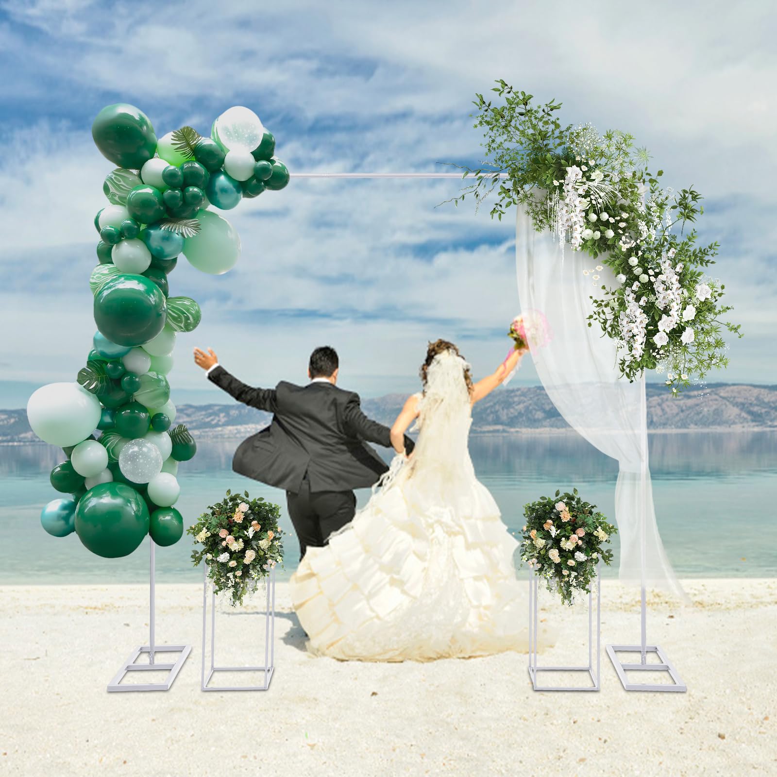 Arche de mariage de 2 x 2 m avec 2 supports de fleurs, support de fond en métal blanc pour fêtes et photos | Kit complet avec support, portable et facile à monter | pour mariage, anniversaire, fête