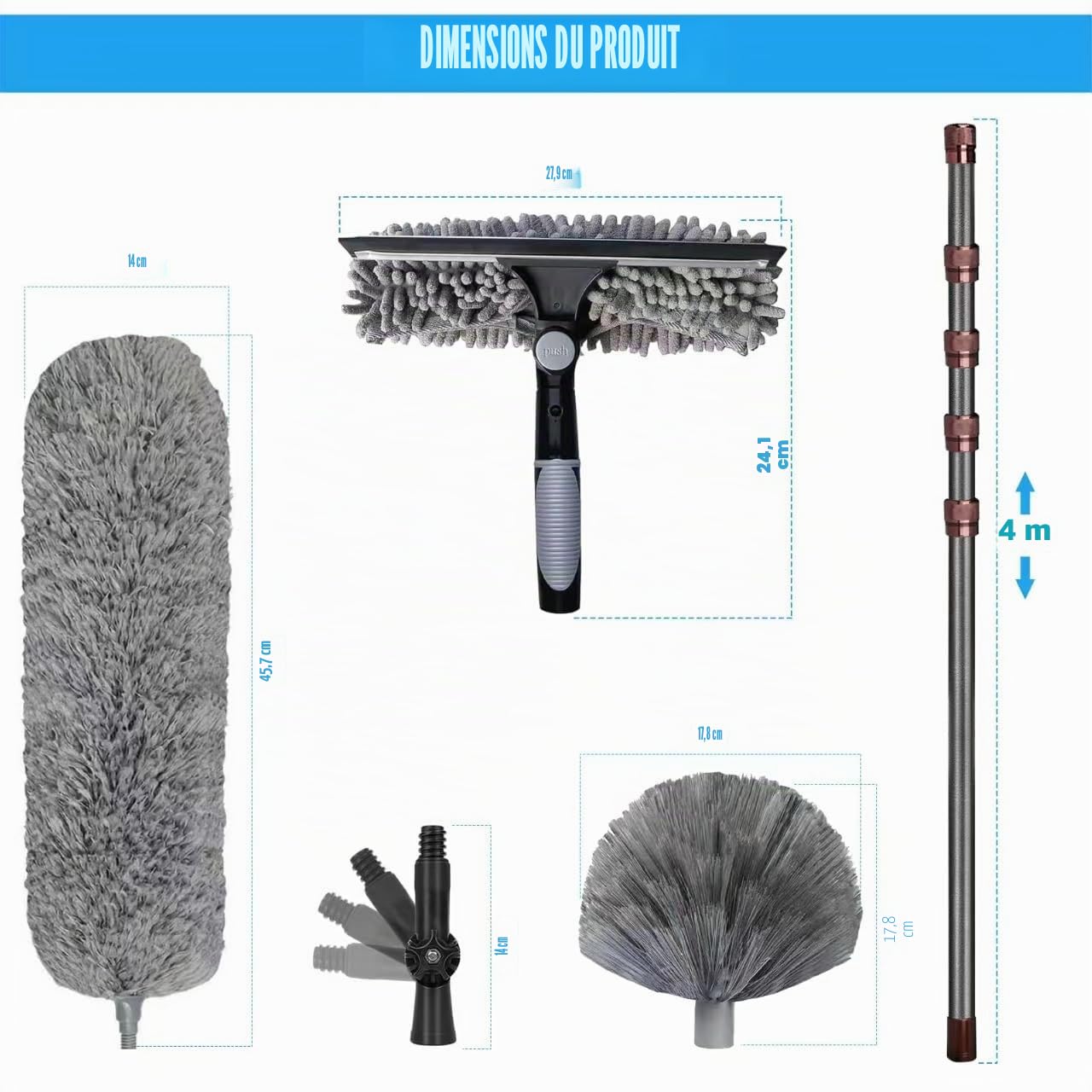 Tete de Loup Telescopique 6m, Telescopique Plumeau avec Manche en Fibre de Carbone de 1,5 à 4m, Comprend Tete de Loup pour Plafonds et Coins, Plumeau Anti-Toiles d’Araignée, Raclette de Fenêtre