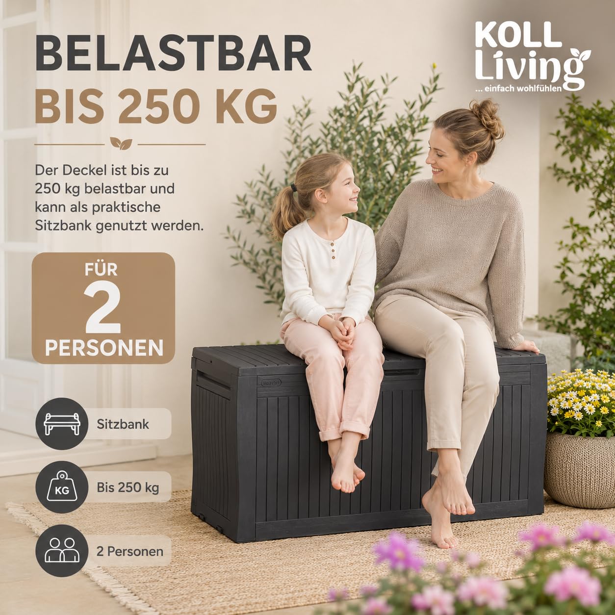 Keter Koll Living - Caja para Cojines (270 L, 100% Resistente al Agua, con ventilación, por lo Que no Hay Mal Olor/Moho, Aspecto de Madera, Tapa Que soporta hasta 250 kg)