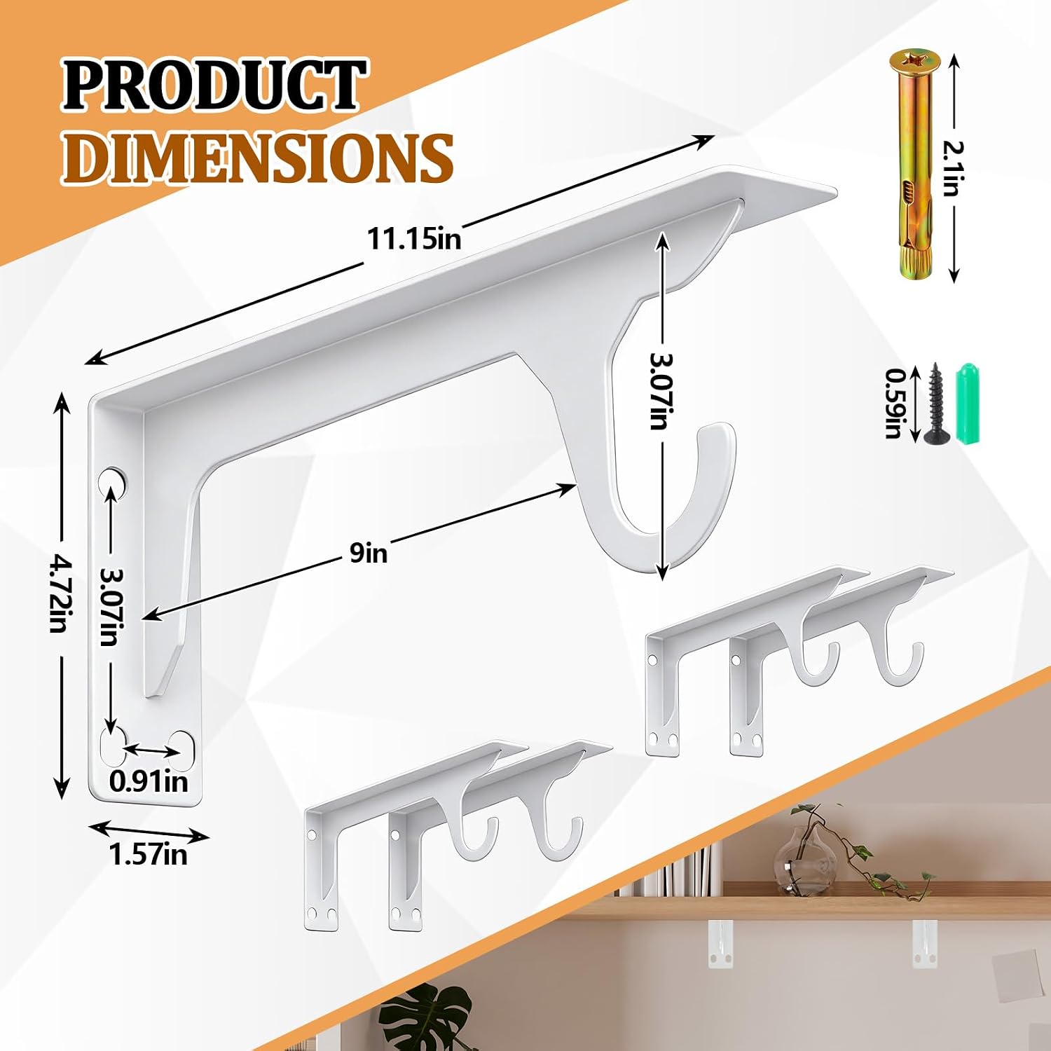 4 Pcs Wall Mounted Closet Rod Brackets Heavy Duty 11.18 Inch Closet Shelf Brackets with Rod Holder Support 400 Lbs for Curtain Wardrobe Shop (White)