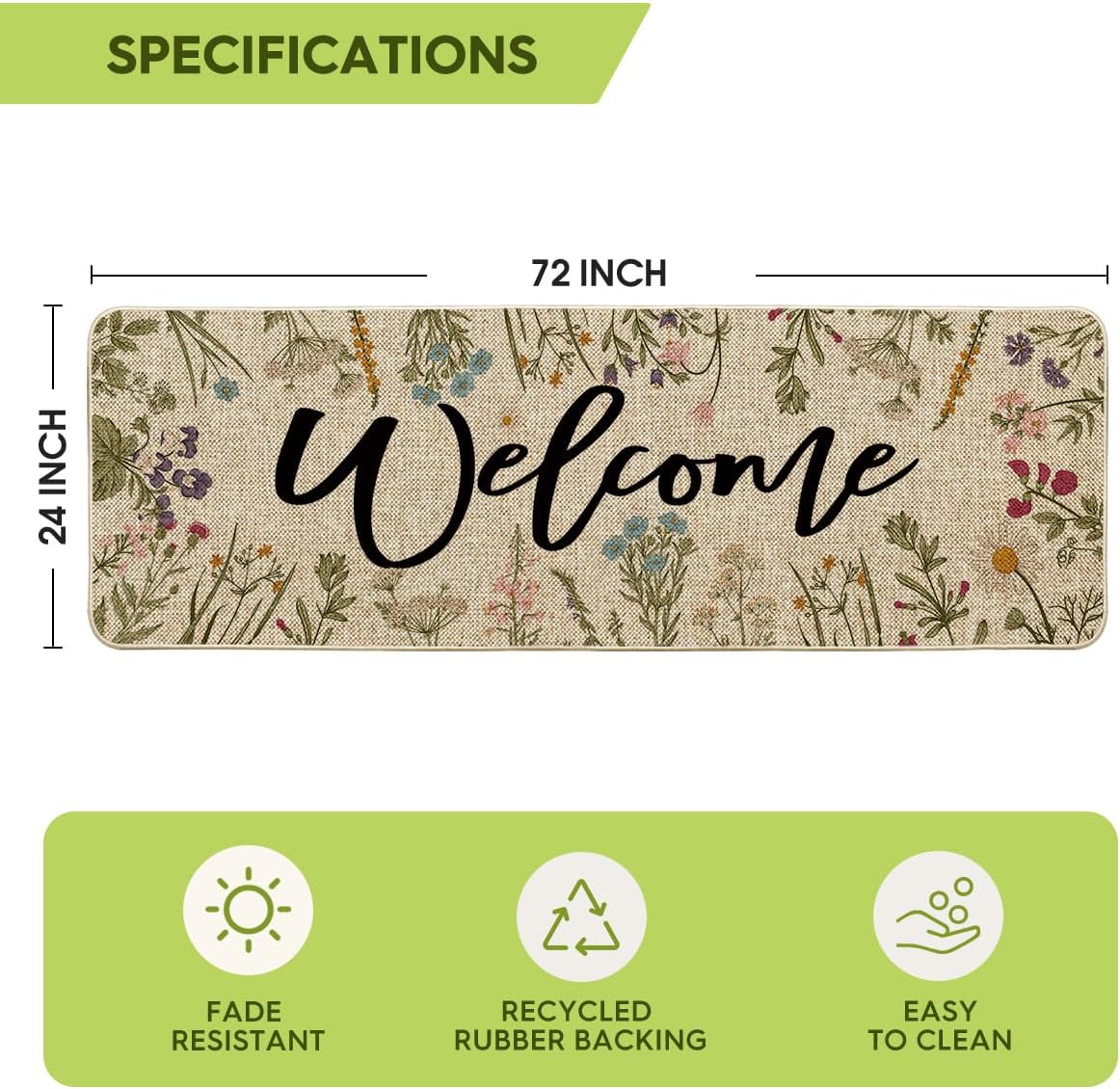Artoid Mode Wild Flowers Welcome Spring Runner Rug, Summer Home Decor Low-Profile Switch Rug Door Mat Floor Mat for Indoor Outdoor 24x72 Inch