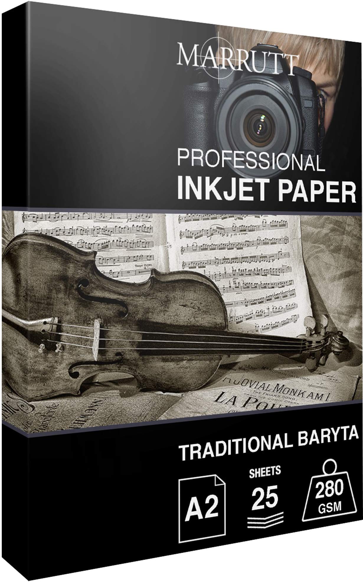 Marrutt 280gsm Traditional Baryta Hi-White Semi Gloss Inkjet Photo Paper: A2-25 Sheets