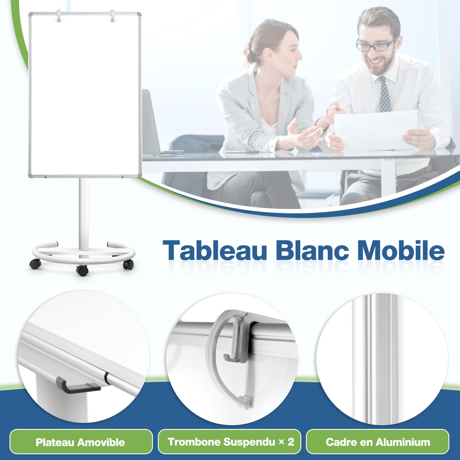 Tableau blanc mobile, magnétique, 60 x 90 cm, avec support, réglable en hauteur, pour bureau, cours