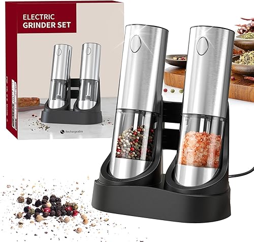 Miniatura 9 de Gravity - Juego de molinillo eléctrico de pimienta y sal, grosor ajustable, con luz LED, operación automática con una mano, acero inoxidable negro,