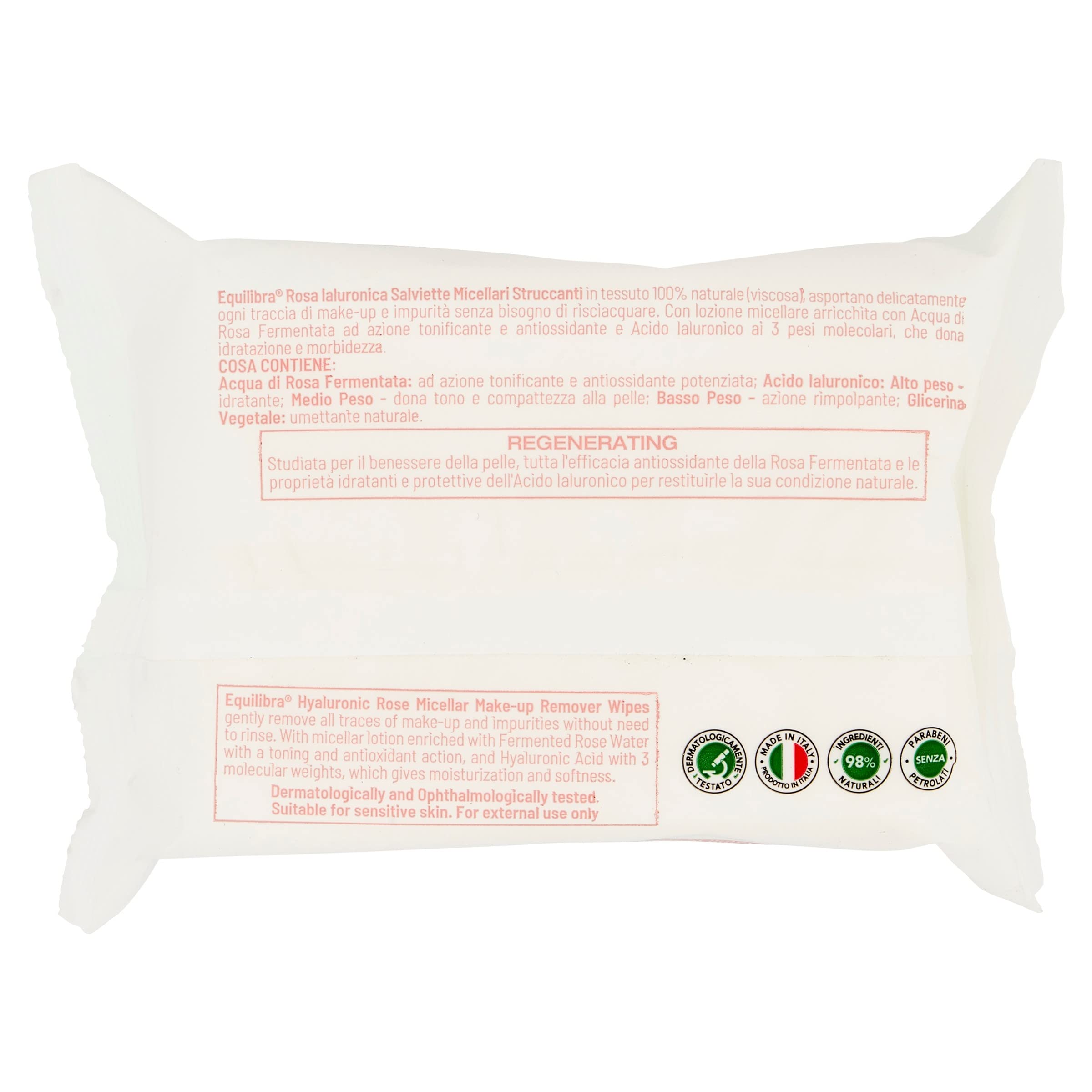 Equilibra, Rosa Ialuronica Salviette Micellari Struccanti, in Tessuto 100% Naturale Viscosa, con Estratto di Rosa Fermentata, Acido Ialuronico e Ceramidi Vegetali, Struccano Delicatamente, 25 pz