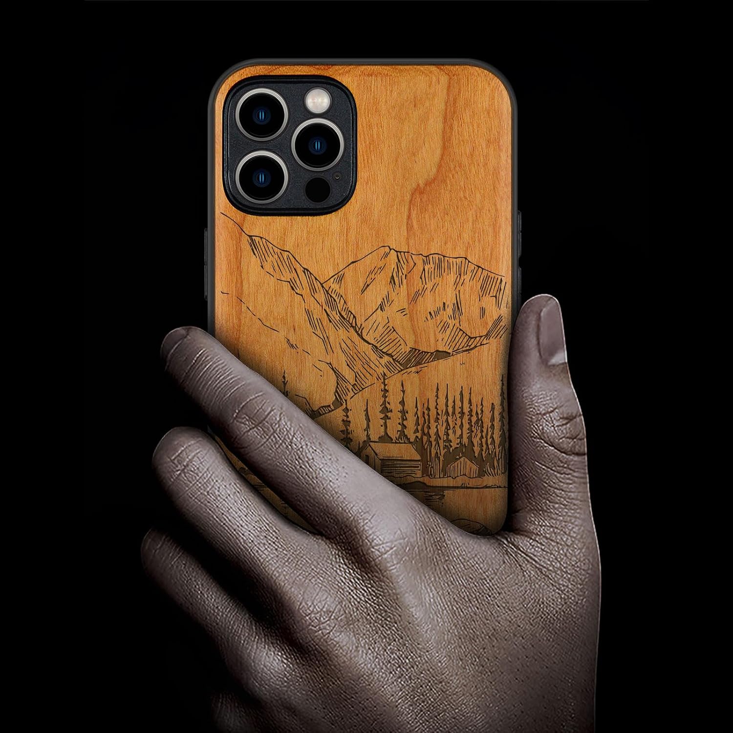 Carveit Magnetic Wood Case for iPhone 12 Pro Max Case [Natural Wood & Black Soft TPU] Shockproof Protective Unique Wooden Cover Compatible with MagSafe (Lakes and Mountains -Cherry)