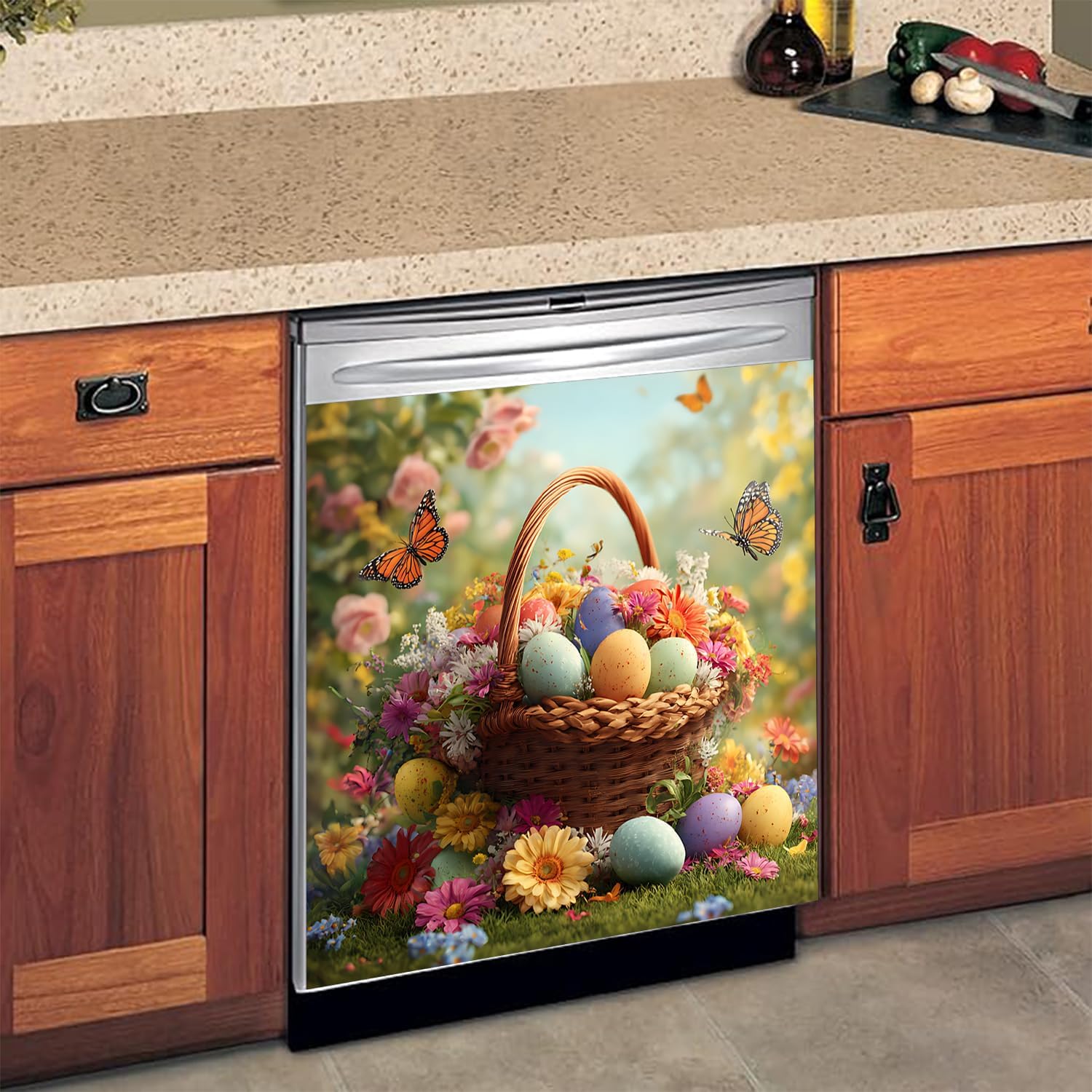 Easter Dishwasher Magnet Cover 25.6 × 23 Inches – Colorful Cute Bunny and Easter Egg Design, Reusable Decorative Magnetic Dishwasher Cover for Spring Kitchen Decor