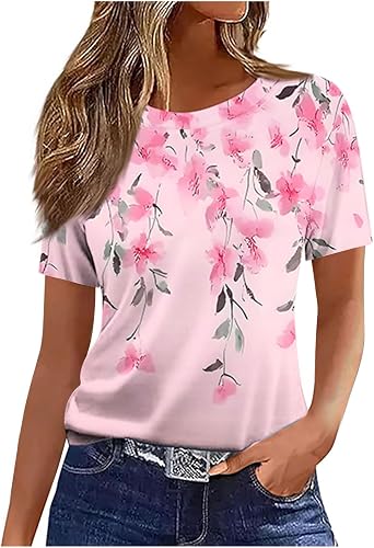 Womens Summer Plus Size Shirts 2025 Casual Short Sleeve Blouses Oversized Tops Trendy Dressy Floral Print Clothing